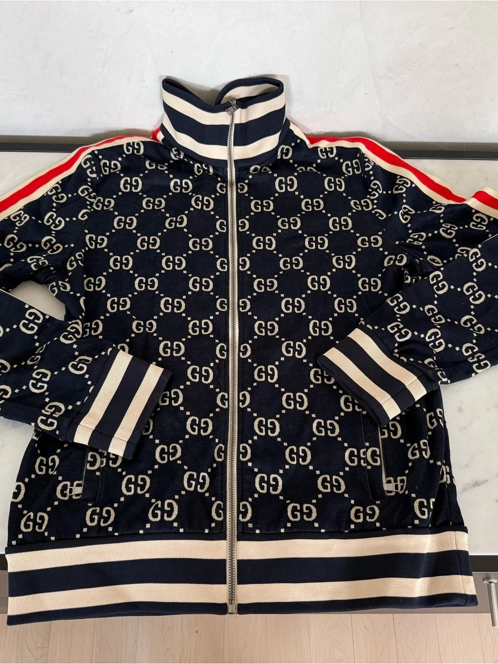 Gucci Navy GG Zip-Up Track Jacket with Red Stripe
